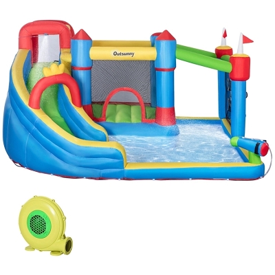 Outsunny 6 in 1 Inflatable Bounce House with Slide, Climbing Wall, Water Cannon, and More, Inflatable Water Slide For Kids with 2 Min. Inflation with Inflator Multicolor Oxford Fabric